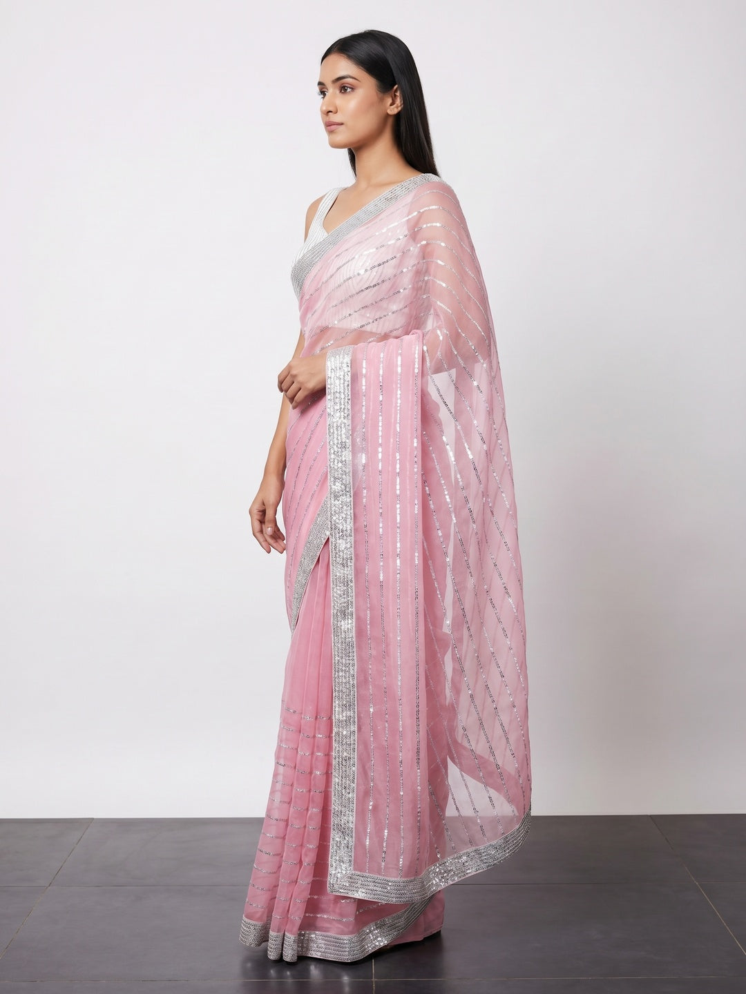 Pink Sequins Embroidered Organza Saree - Image 3