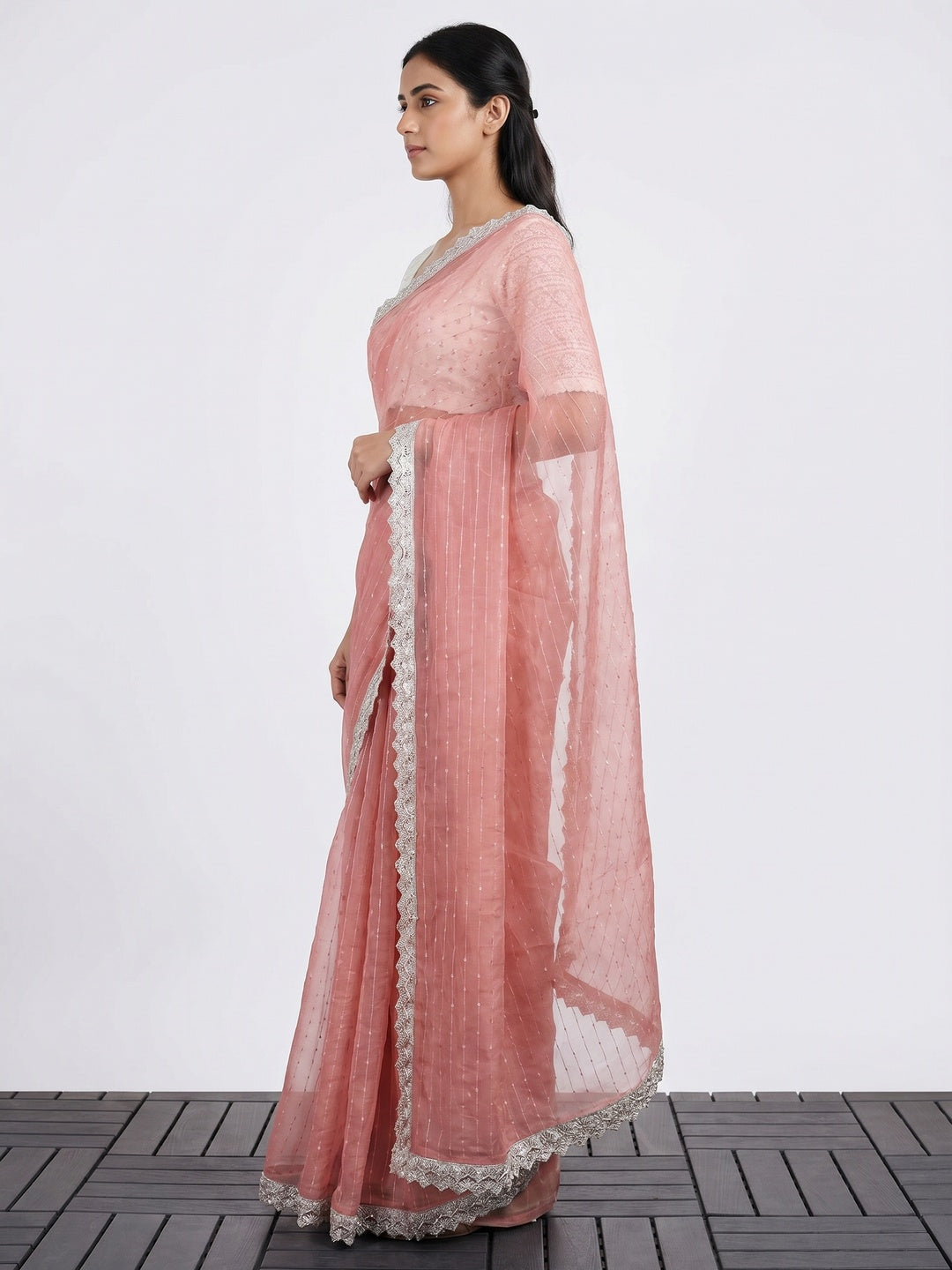 Peach Sequins Embroidered Organza Saree - Image 3