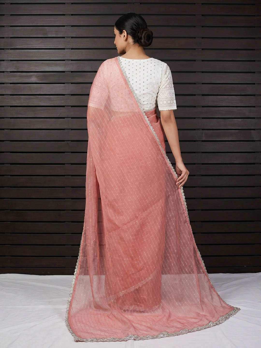 Peach Sequins Embroidered Organza Saree - Image 2