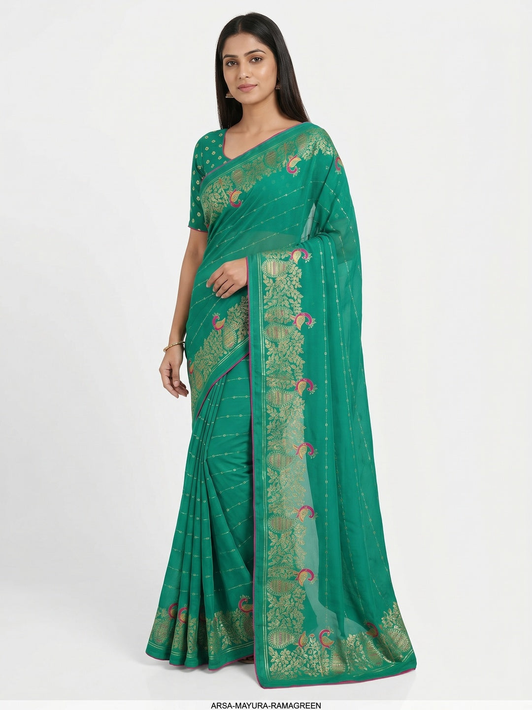 Rama Green Floral Foil Printed Georgette Saree - Image 1