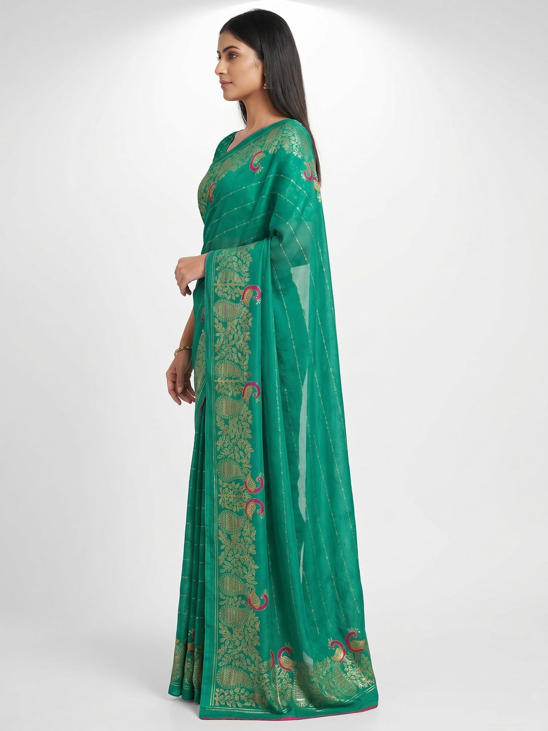 Rama Green Floral Foil Printed Georgette Saree - Image 3