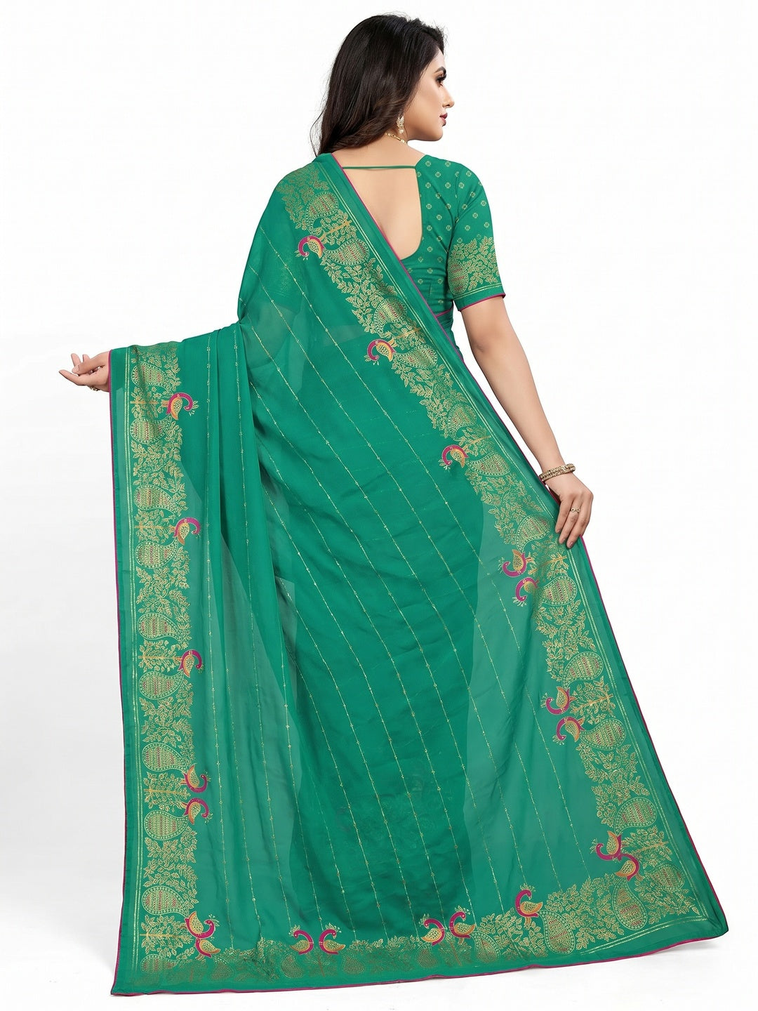 Rama Green Floral Foil Printed Georgette Saree - Image 2