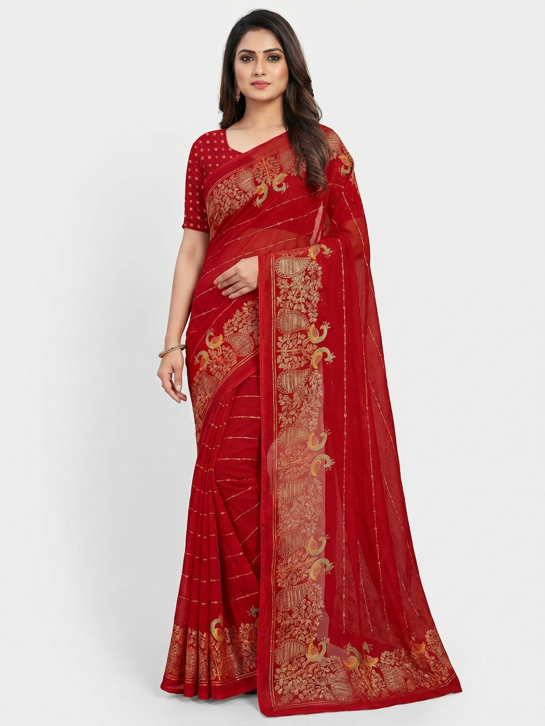 Red Floral Foil Printed Georgette Saree - Image 1