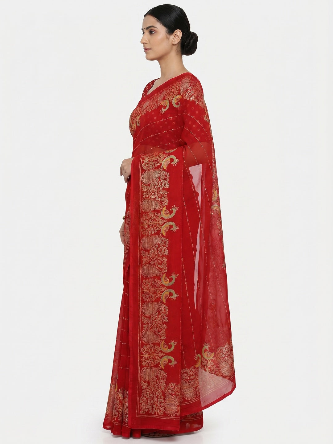 Red Floral Foil Printed Georgette Saree - Image 2
