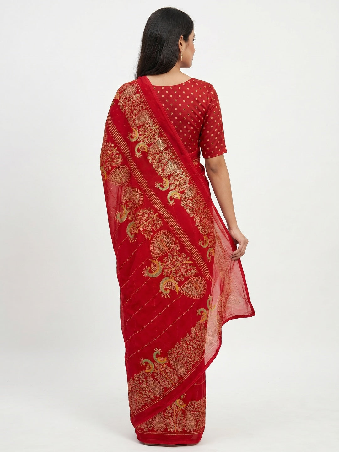 Red Floral Foil Printed Georgette Saree - Image 3
