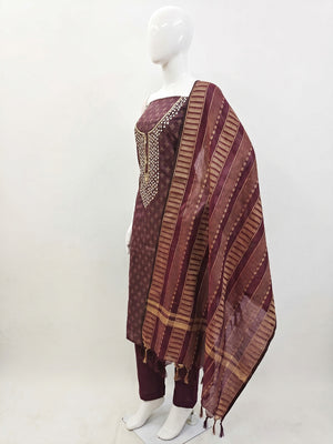 Wine Woven With Handwork Cotton Blend Dress Material - Image 1