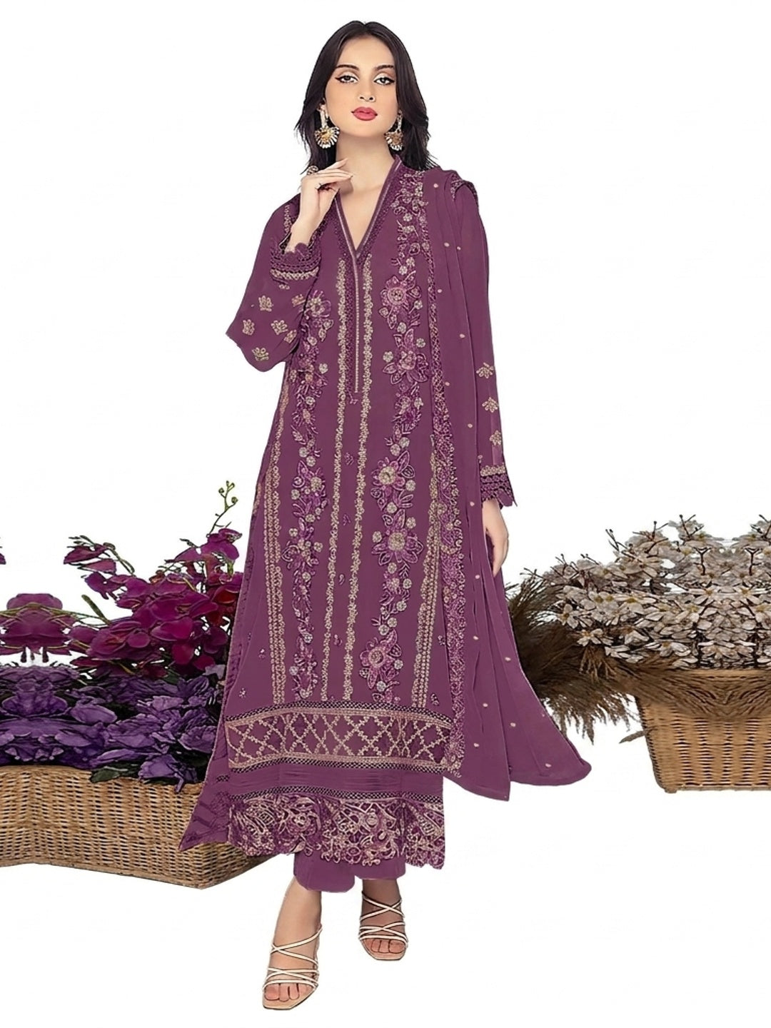 Dark Mauve Floral Embroidered Georgette Semi Stitched Pakistani Suit - Image 1