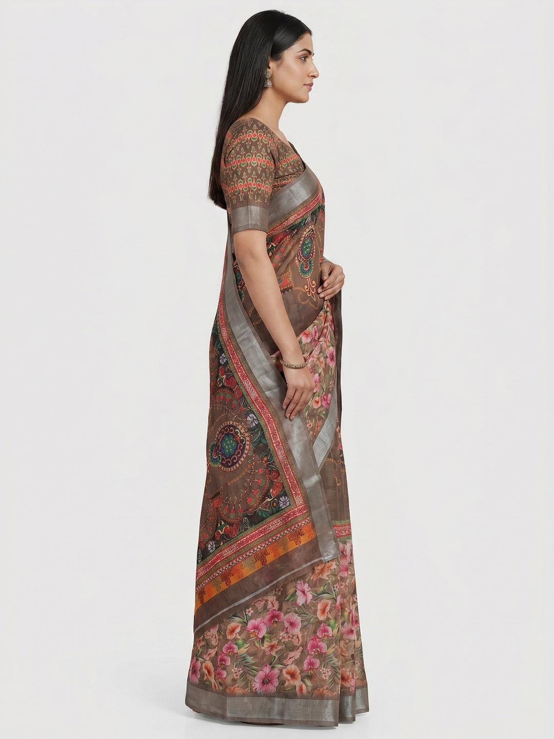 Brown Floral Digital Printed Linen Saree - Image 3