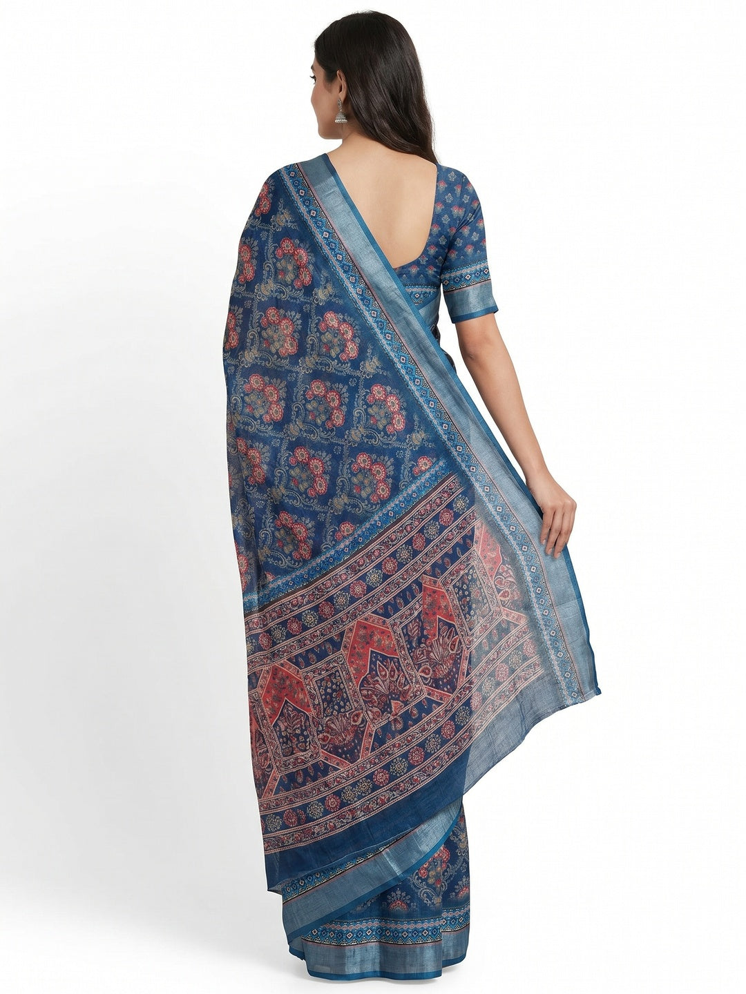 Blue Floral Digital Printed Linen Saree - Image 2
