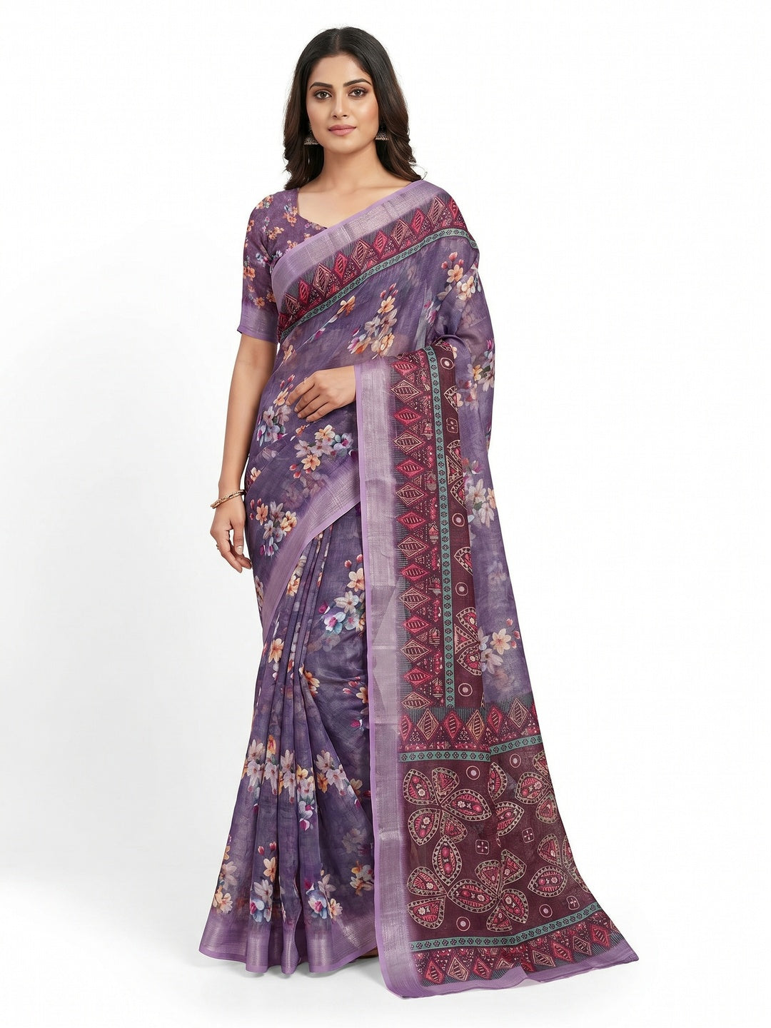 Purple Floral Digital Printed Linen Saree - Image 1