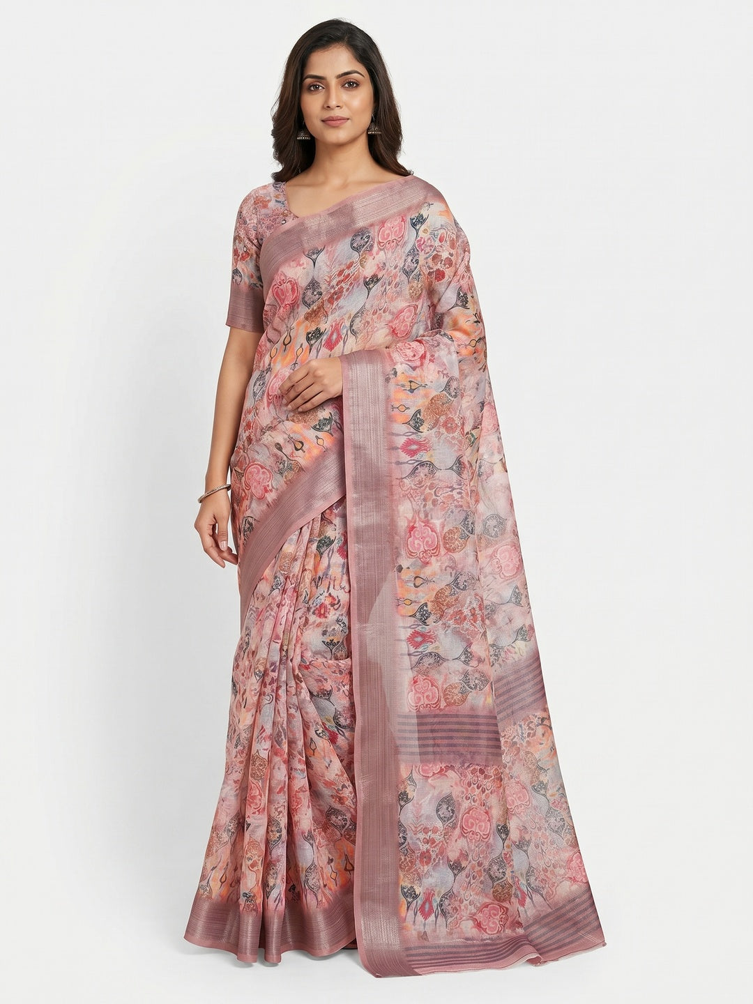 Peach Floral Digital Printed Linen Saree - Image 1
