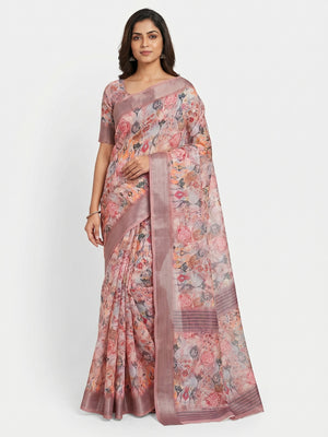 Peach Floral Digital Printed Linen Saree - Image 1