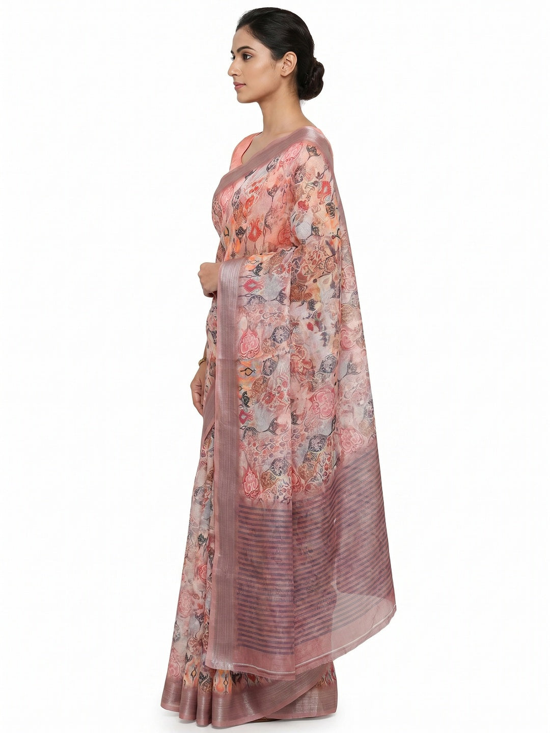 Peach Floral Digital Printed Linen Saree - Image 3