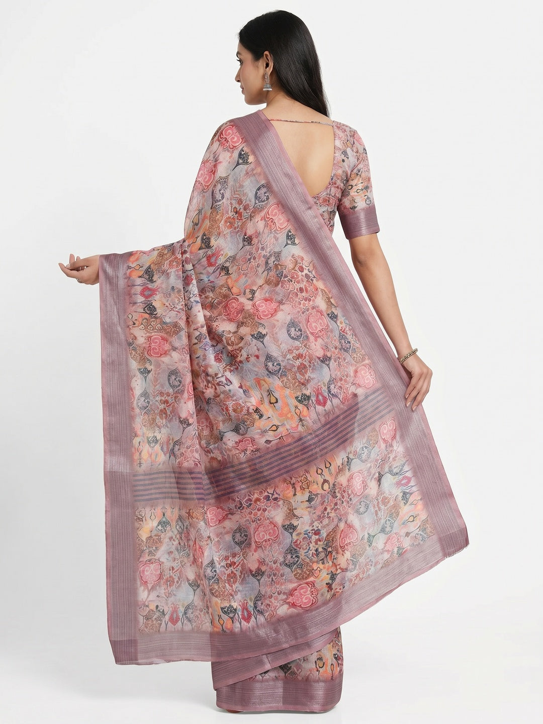 Peach Floral Digital Printed Linen Saree - Image 2