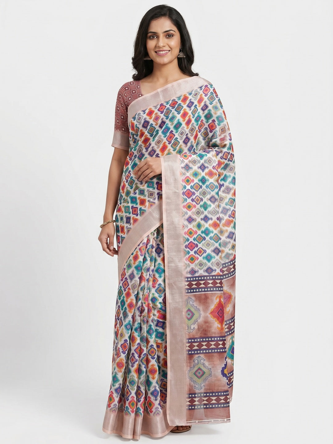 White Digital Printed Linen Saree - Image 1