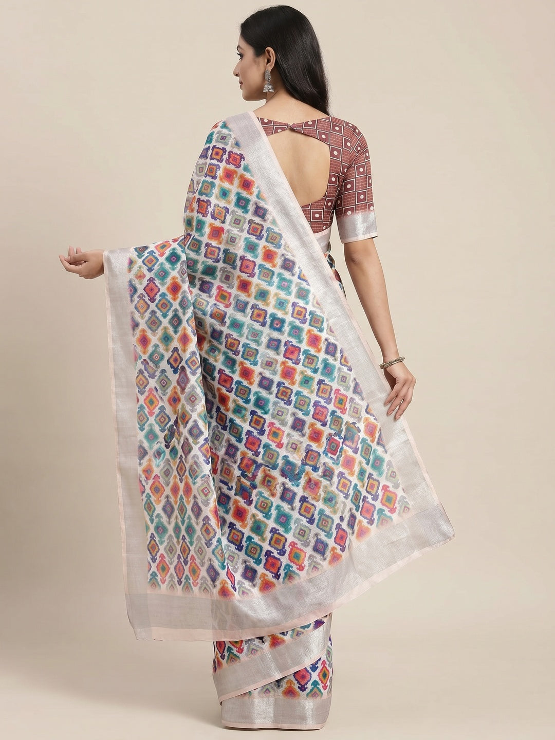 White Digital Printed Linen Saree - Image 3