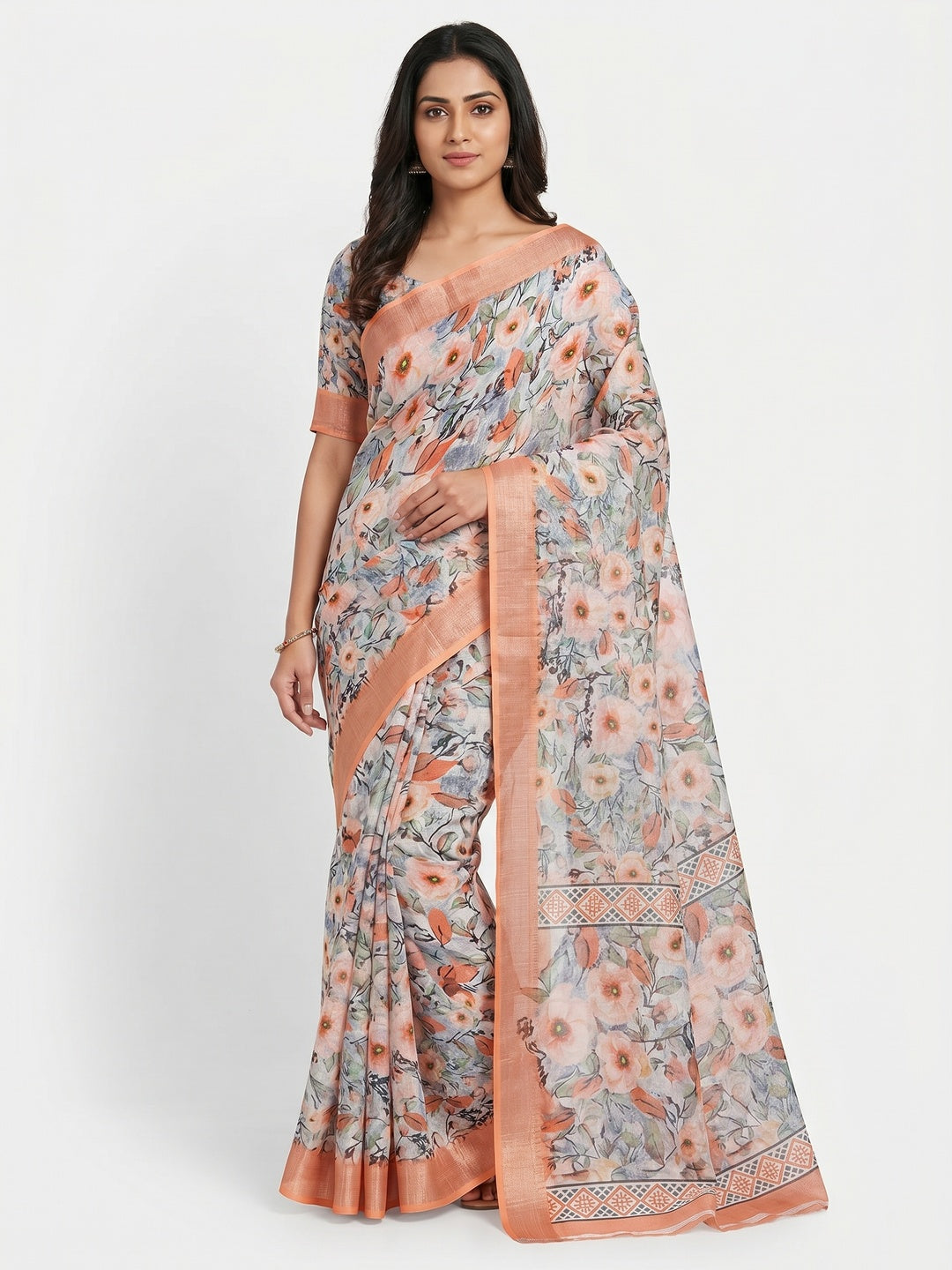 Light Orange Floral Digital Printed Linen Saree - Image 1