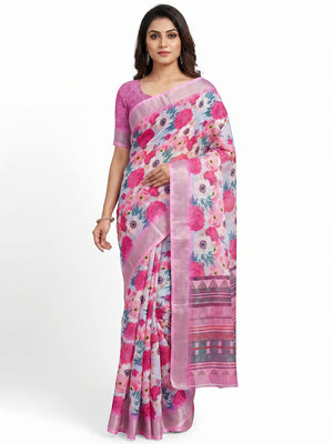 Pink Floral Digital Printed Linen Saree - Image 1