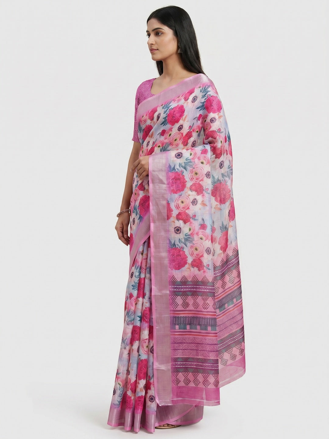 Pink Floral Digital Printed Linen Saree - Image 3