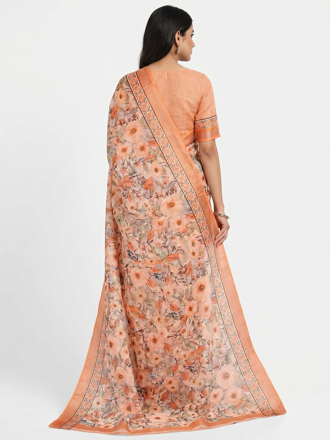 Light Orange Floral Digital Printed Linen Saree - Image 3