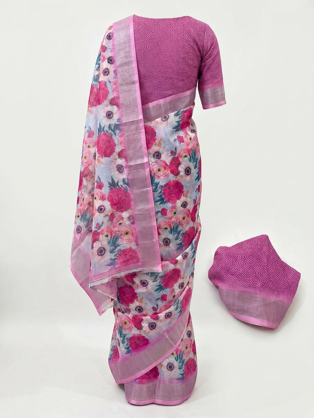 Pink Floral Digital Printed Linen Saree - Image 2