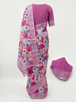 Pink Floral Digital Printed Linen Saree - Image 2
