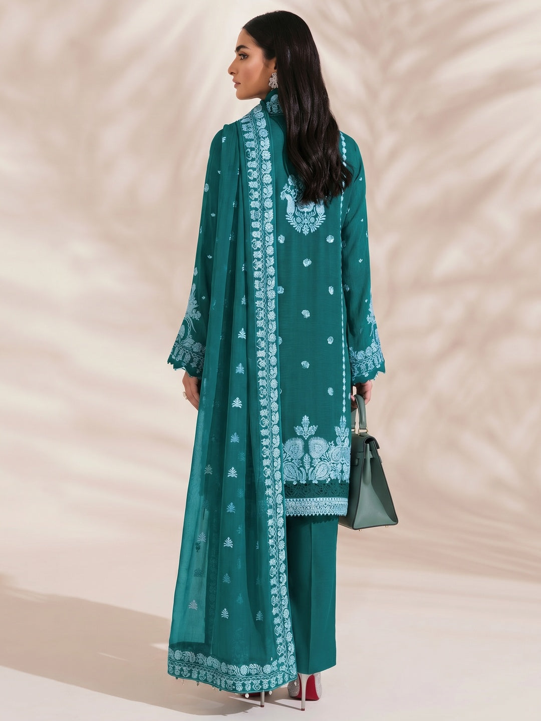 Teal Floral Embroidered Georgette Semi Stitched Pakistani Suit - Image 2