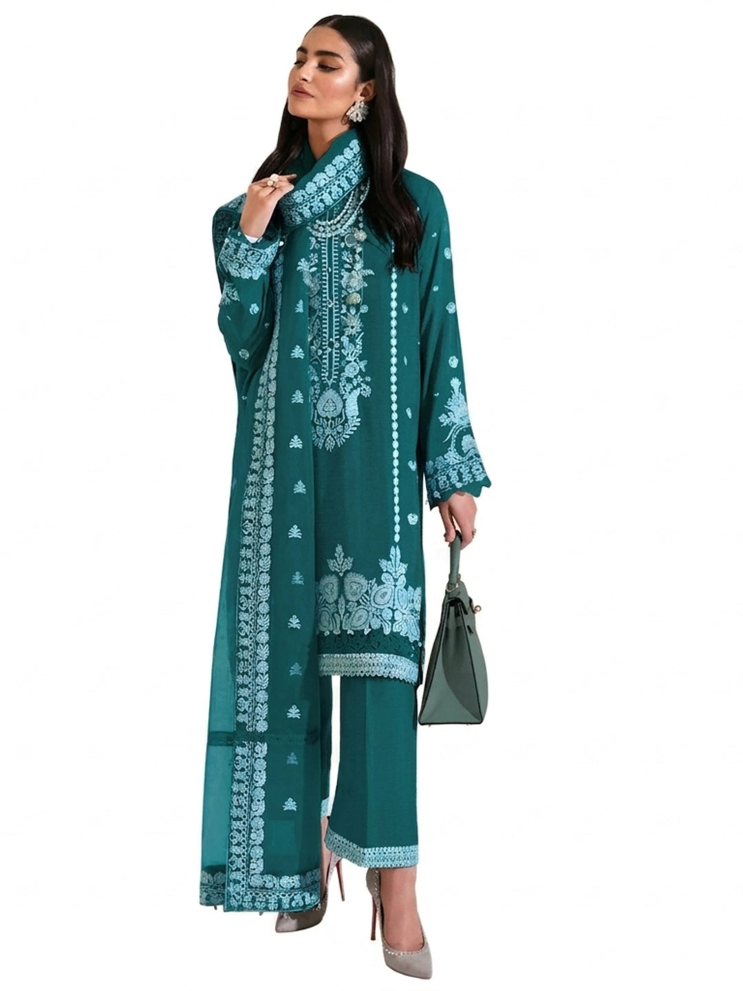 Teal Floral Embroidered Georgette Semi Stitched Pakistani Suit - Image 1