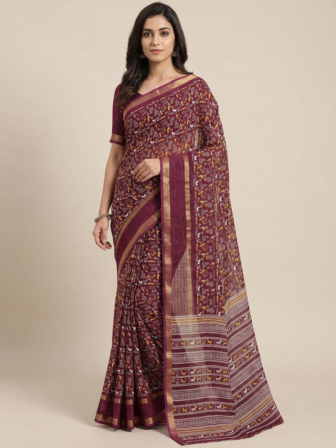 Wine Warli Printed Georgette Saree - Image 1