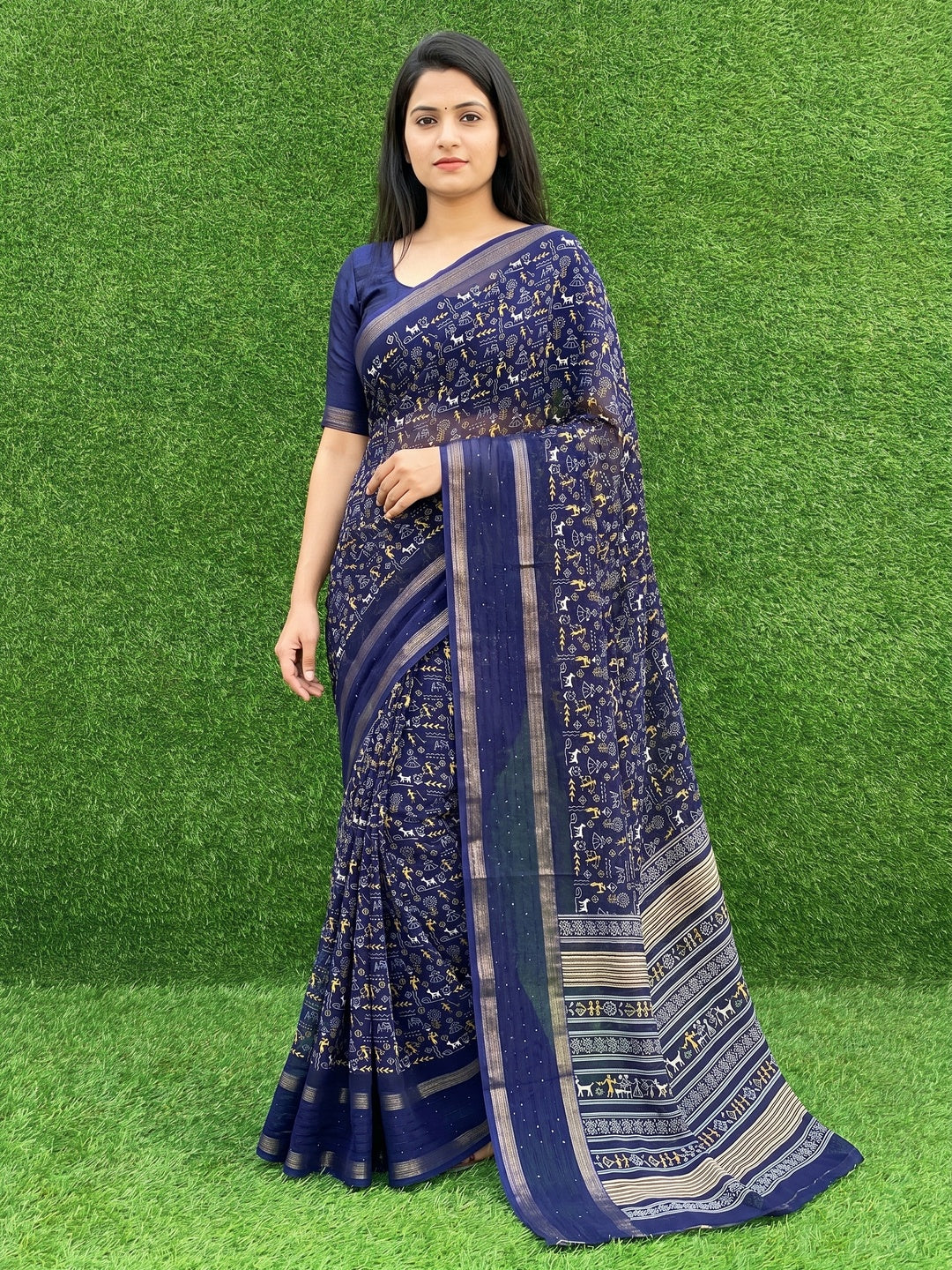 Navy Blue Warli Printed Georgette Saree - Image 1