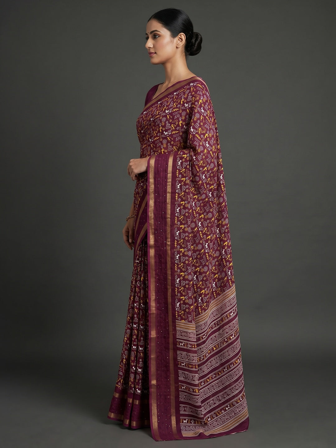 Wine Warli Printed Georgette Saree - Image 2