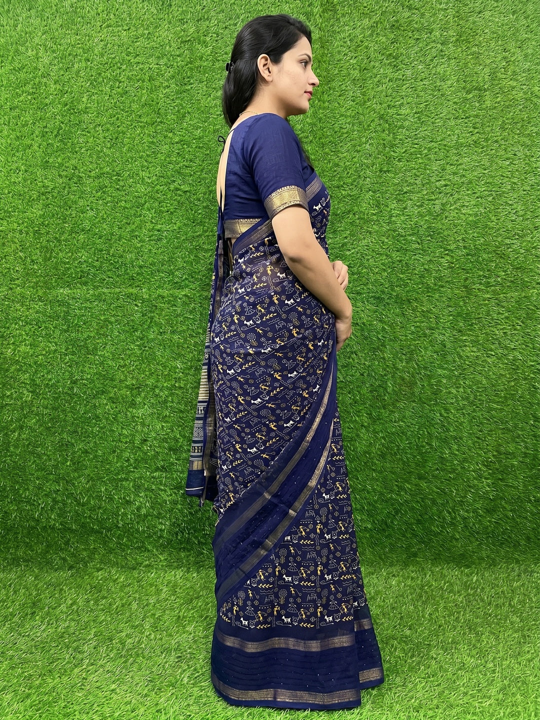 Navy Blue Warli Printed Georgette Saree - Image 2
