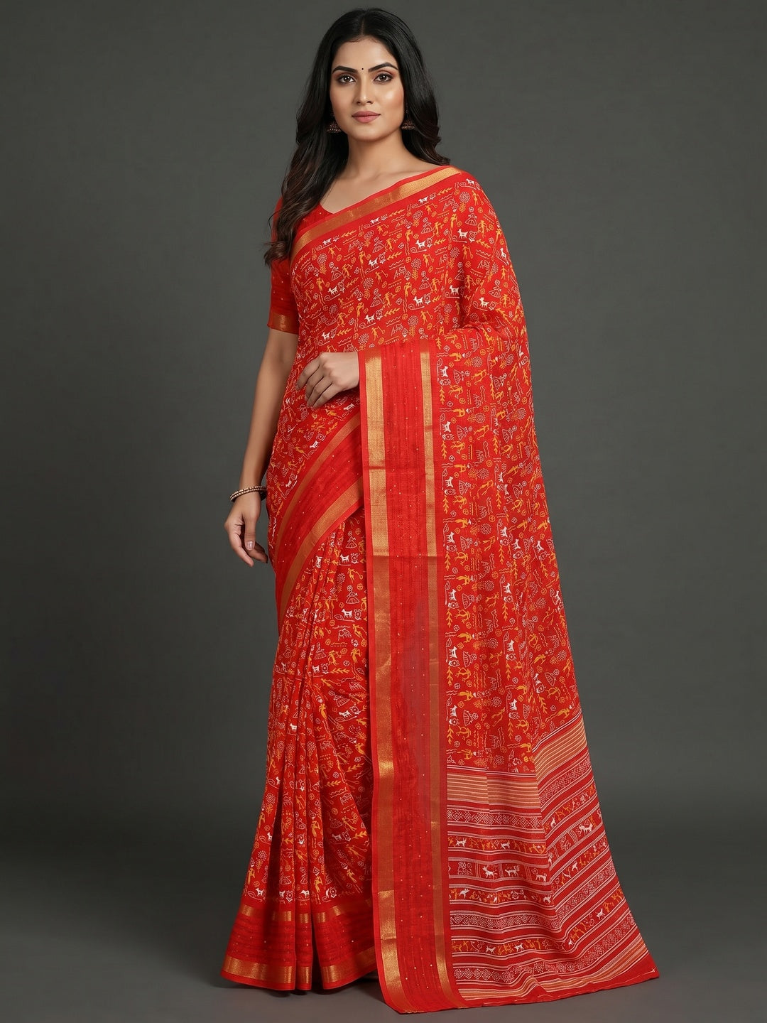 Red Warli Printed Georgette Saree - Image 1