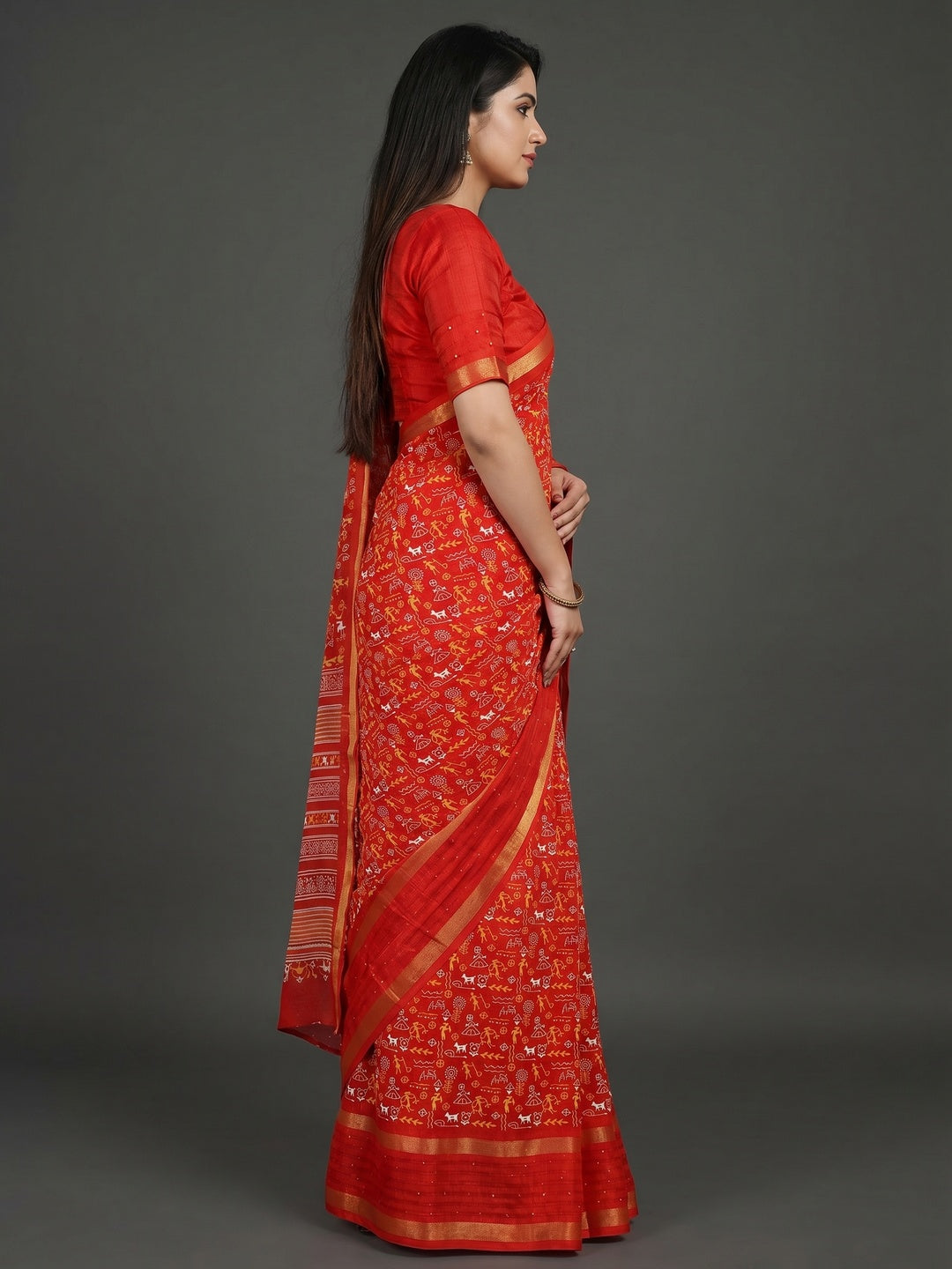 Red Warli Printed Georgette Saree - Image 3
