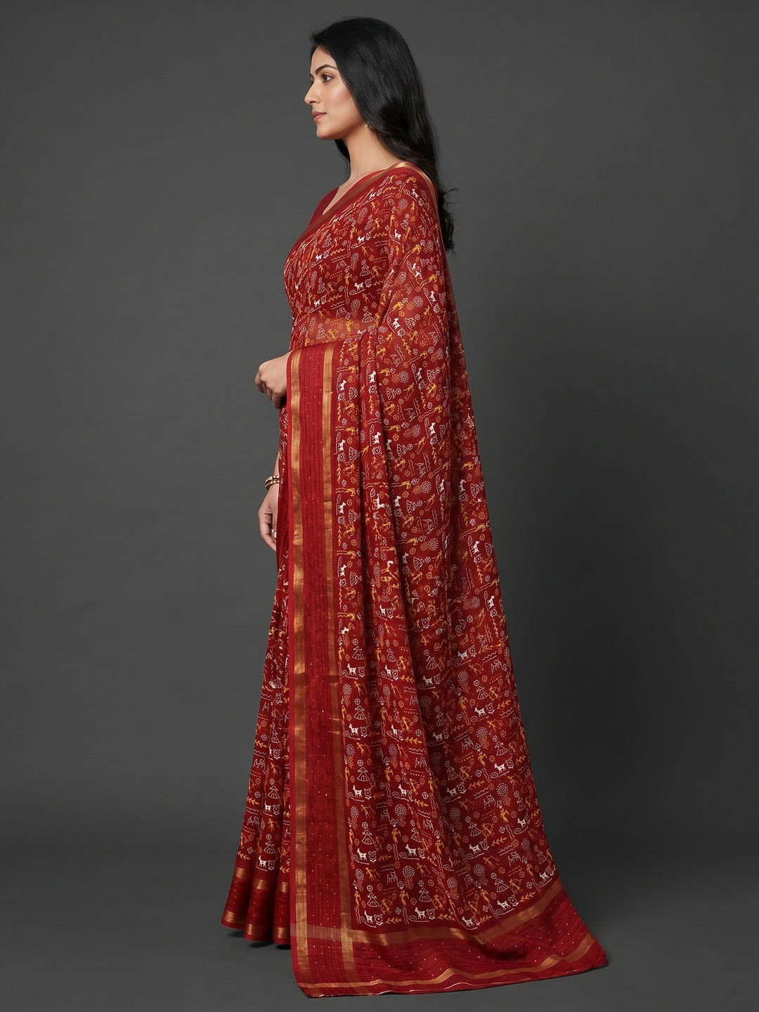 Maroon Warli Printed Georgette Saree - Image 3