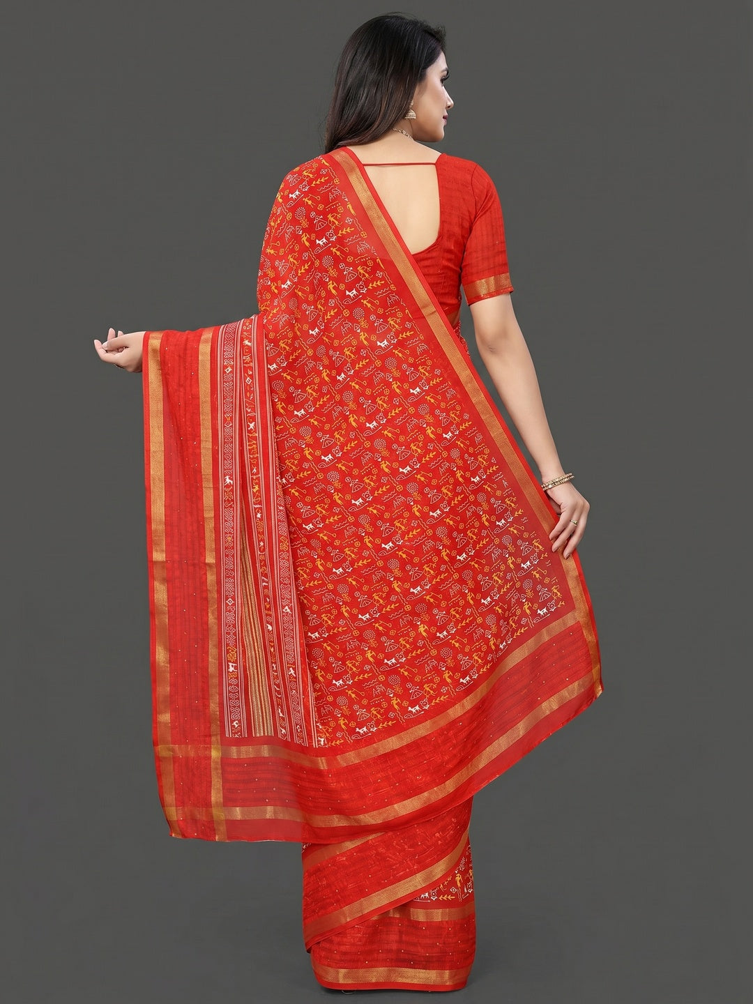Red Warli Printed Georgette Saree - Image 2