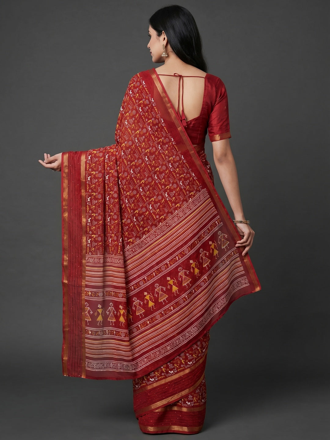 Maroon Warli Printed Georgette Saree - Image 2