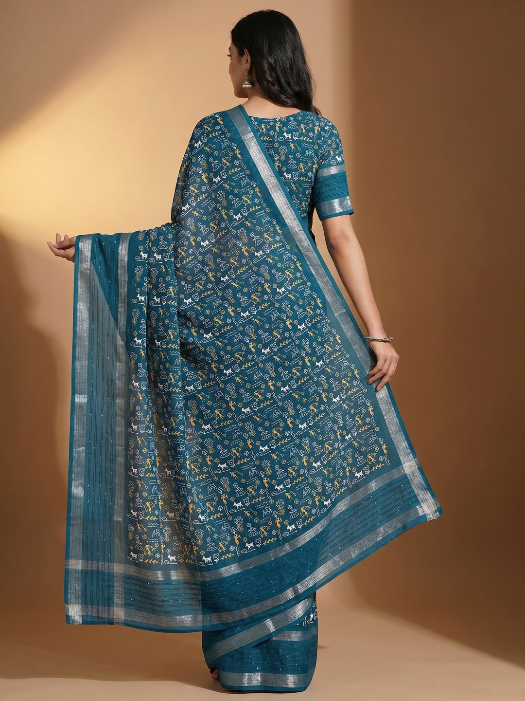 Teal Warli Printed Georgette Saree - Image 3