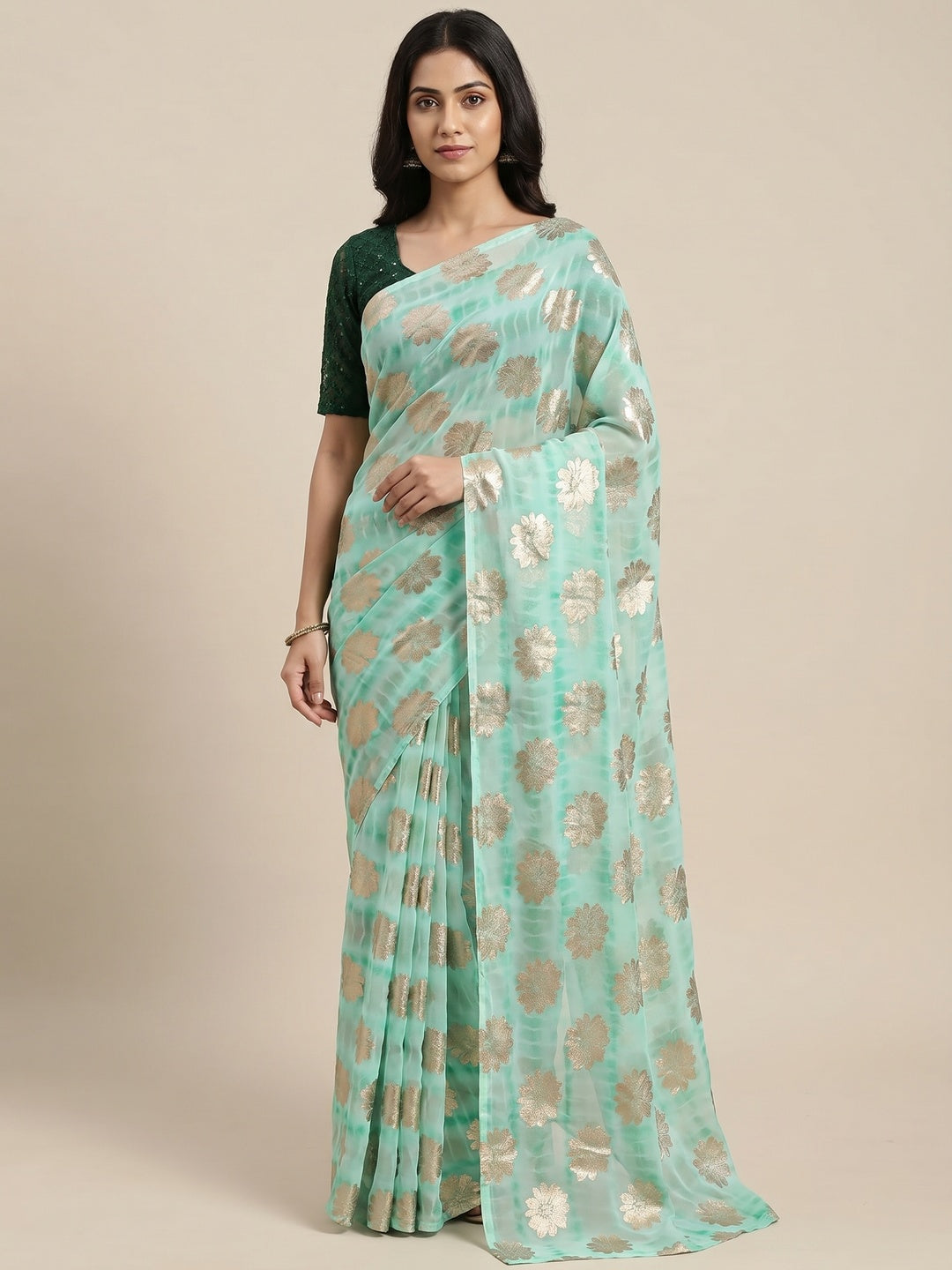 Sea Green Floral Foil Printed Georgette Saree - Image 1