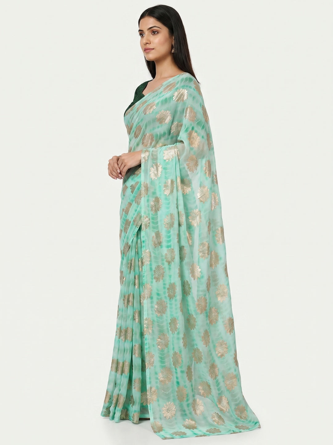 Sea Green Floral Foil Printed Georgette Saree - Image 2