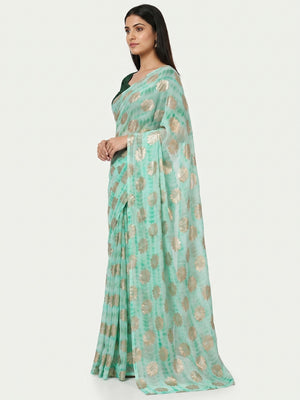 Sea Green Floral Foil Printed Georgette Saree - Image 2