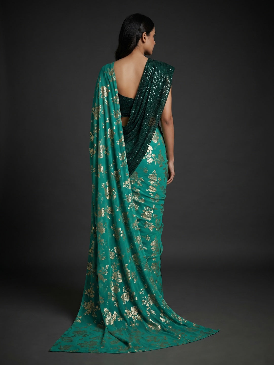 Sea Green Floral Foil Printed Georgette Saree - Image 3