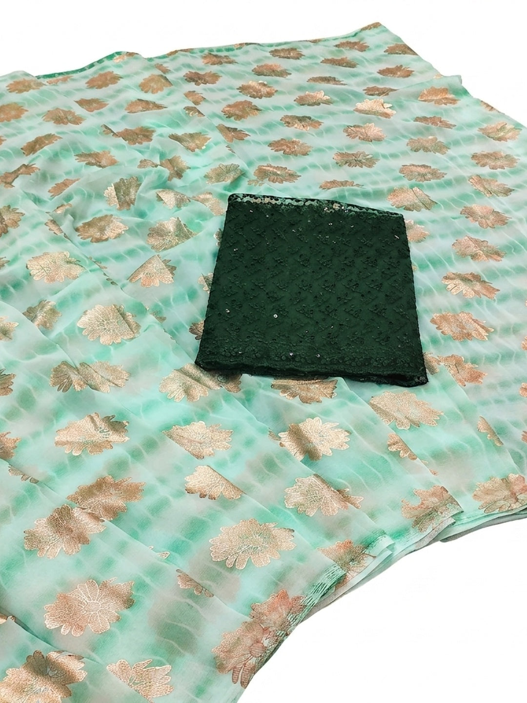 Sea Green Floral Foil Printed Georgette Saree - Image 4