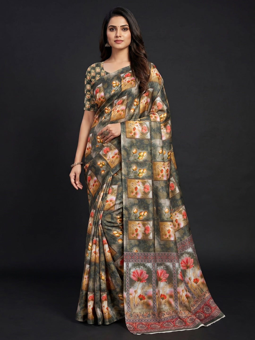 Grey Floral Printed Art Silk Saree - Image 1