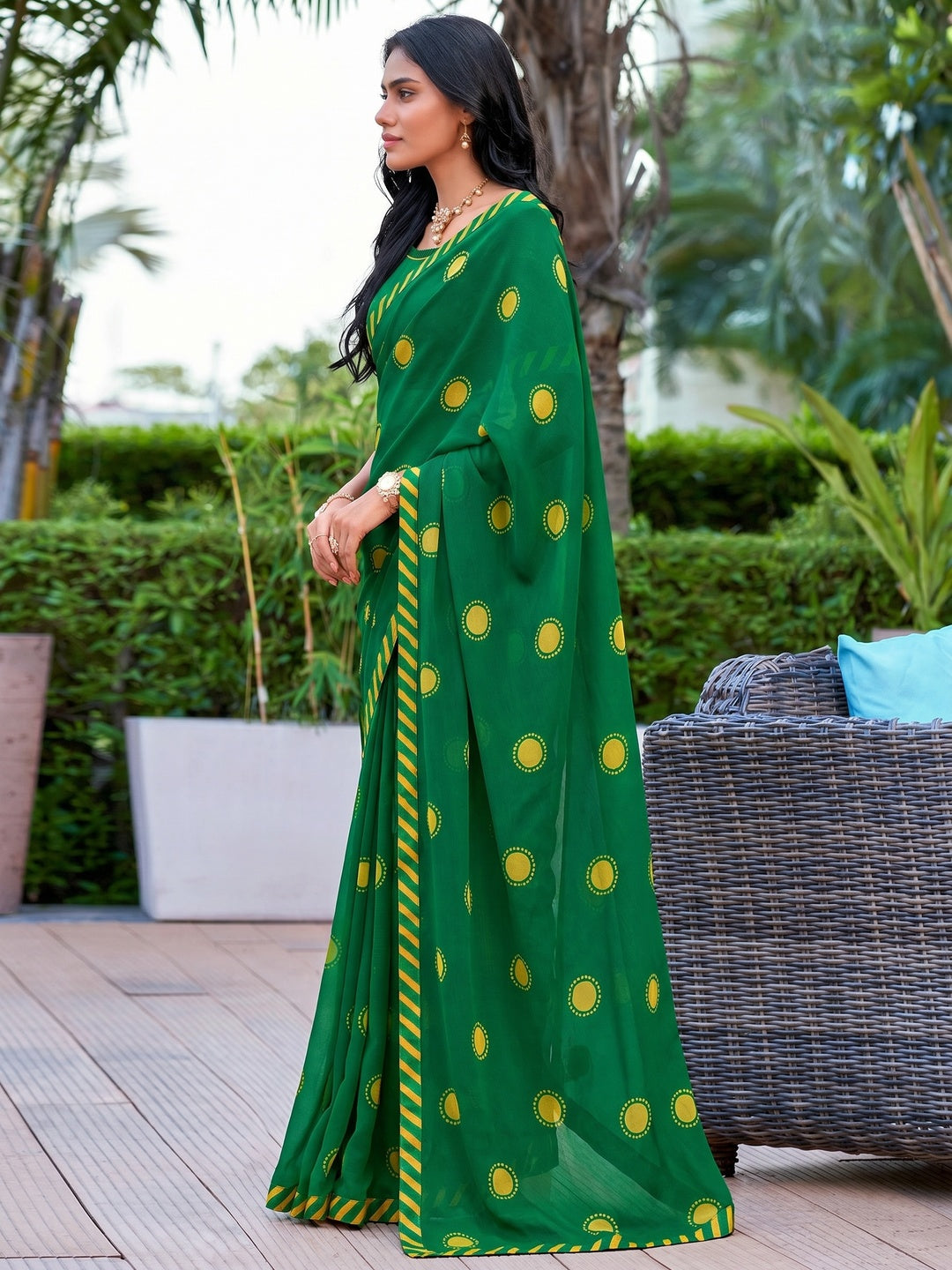 Dark Green Printed Georgette Saree - Image 1
