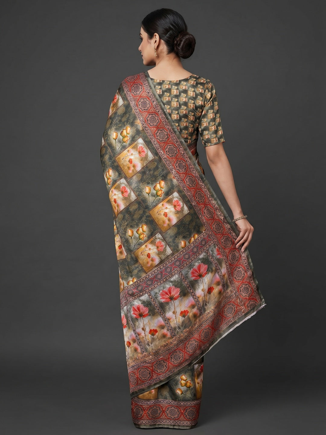 Grey Floral Printed Art Silk Saree - Image 2