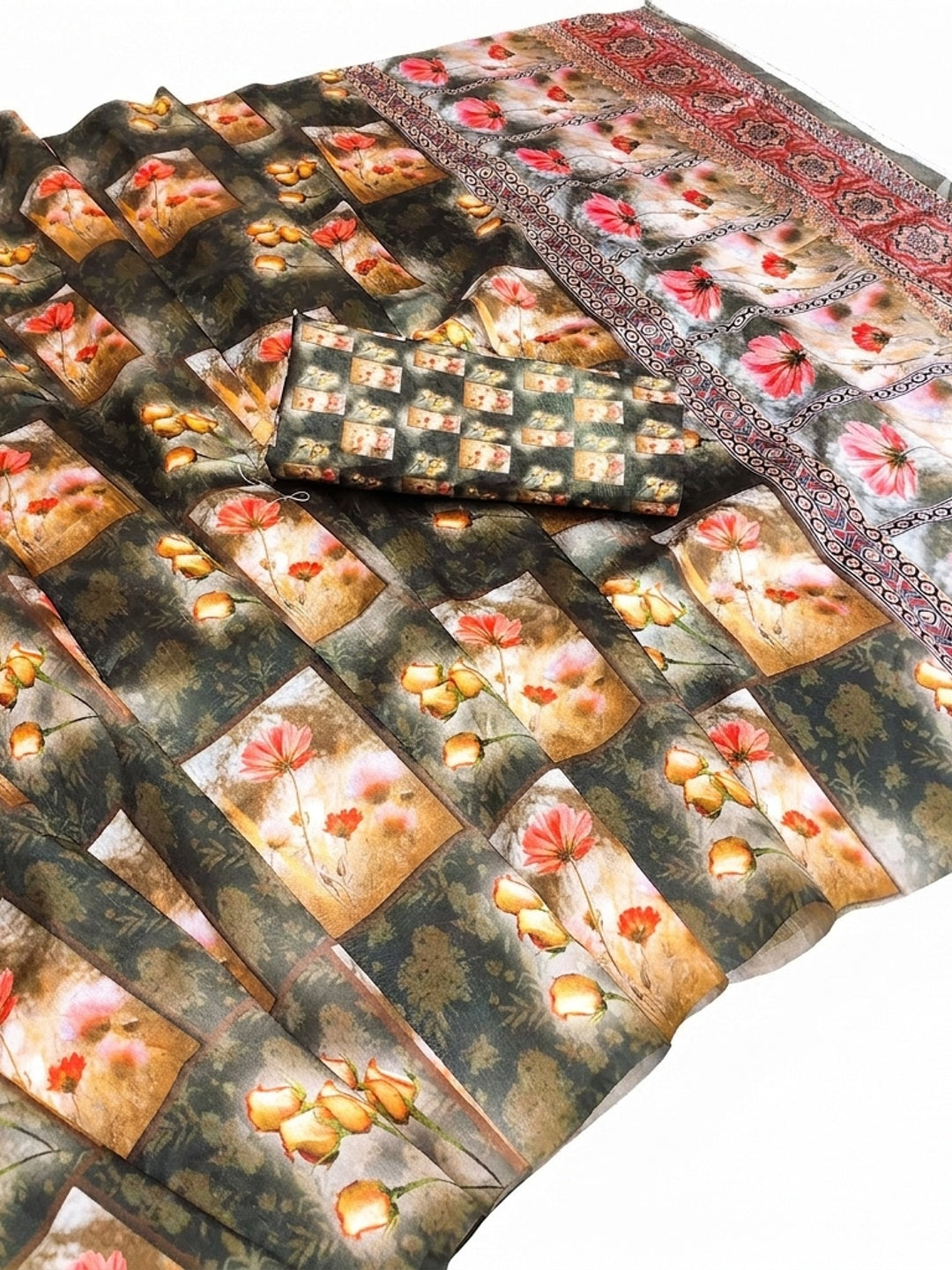 Grey Floral Printed Art Silk Saree - Image 4