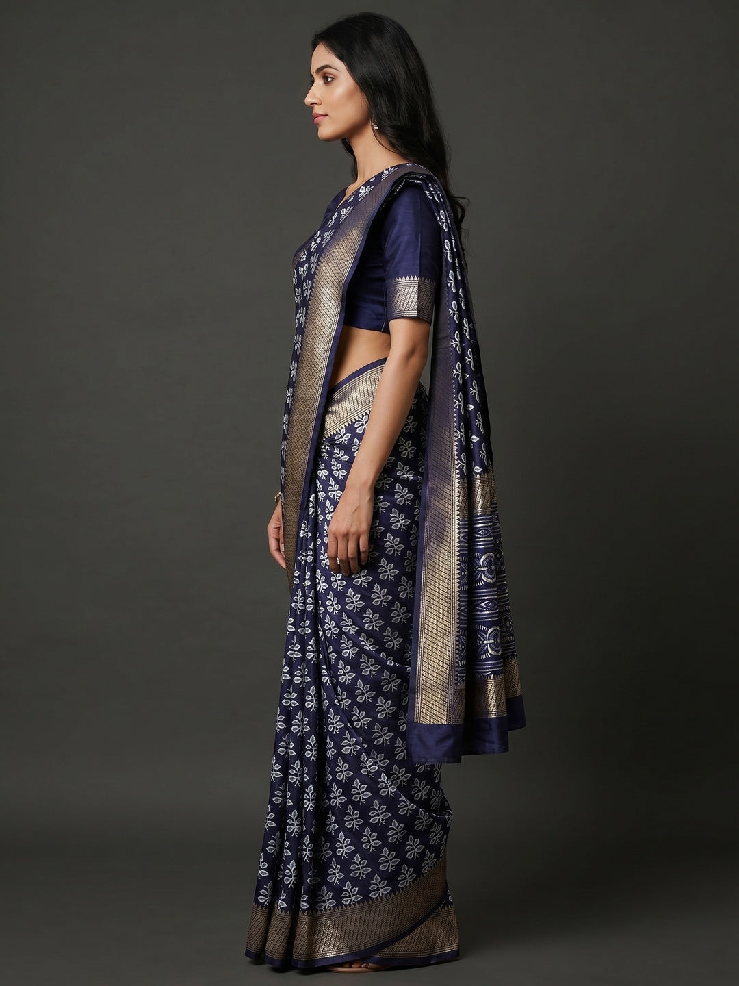 Blue Floral Printed Dola Silk Saree - Image 2