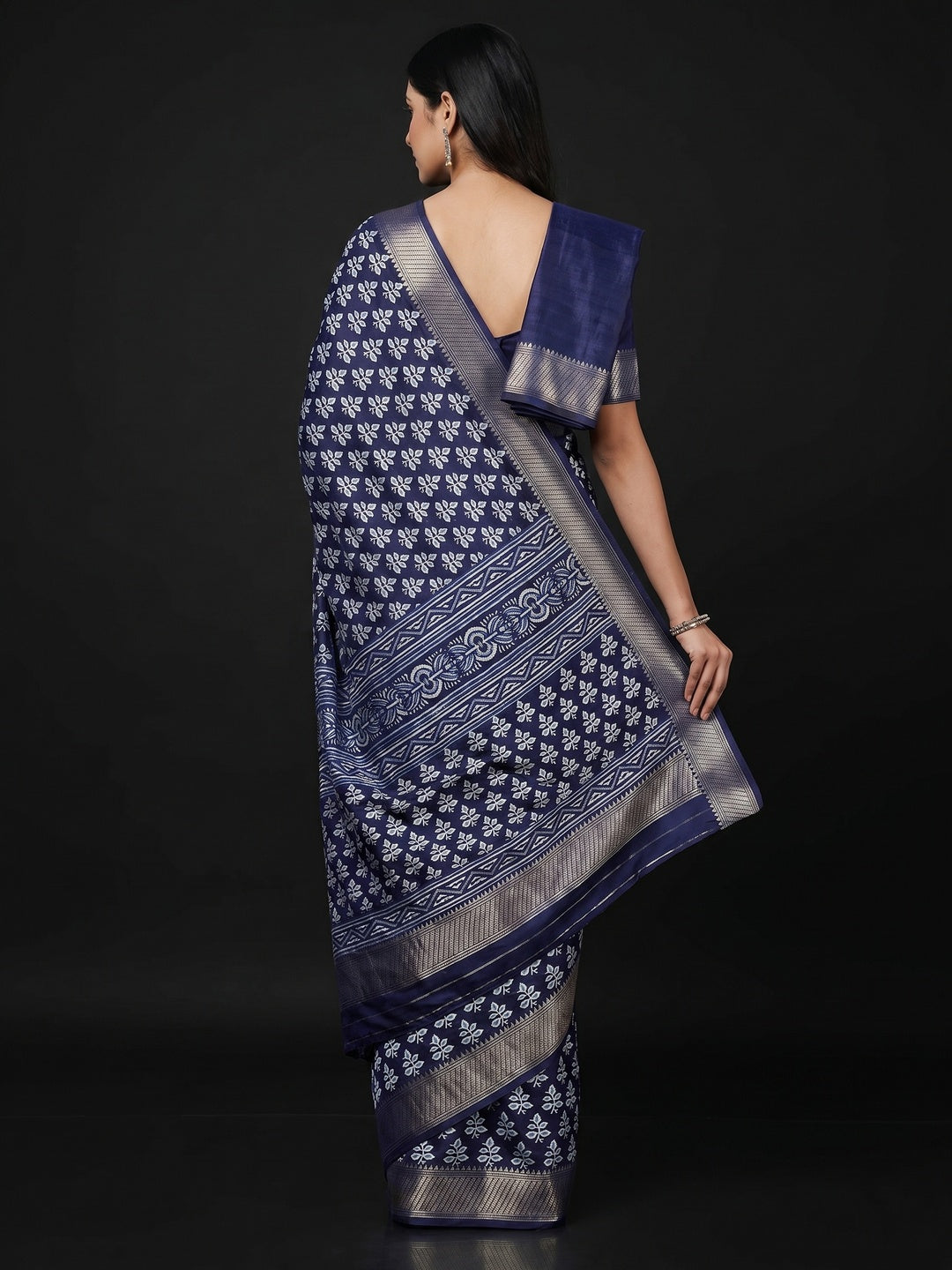 Blue Floral Printed Dola Silk Saree - Image 3
