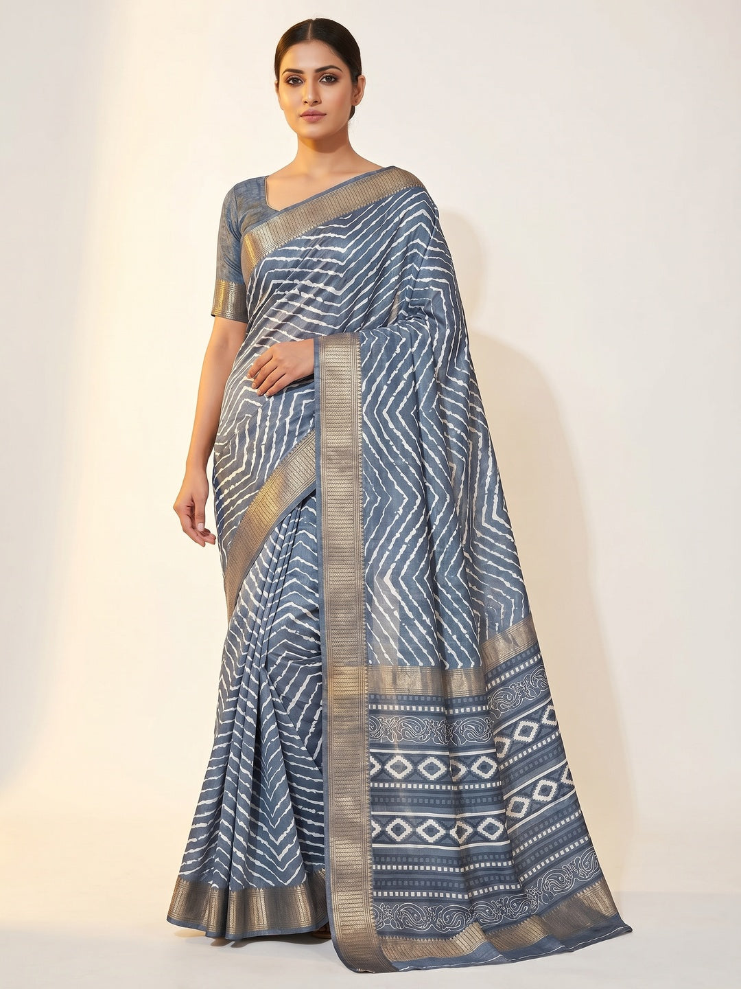 Grey Leheriya Printed Dola Silk Saree With Zari Border - Image 1